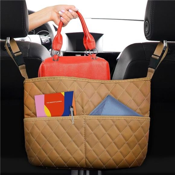 Car Net Pocket Handbag Holder Between Seats, Luxury Quilted PU Leather Purse Car